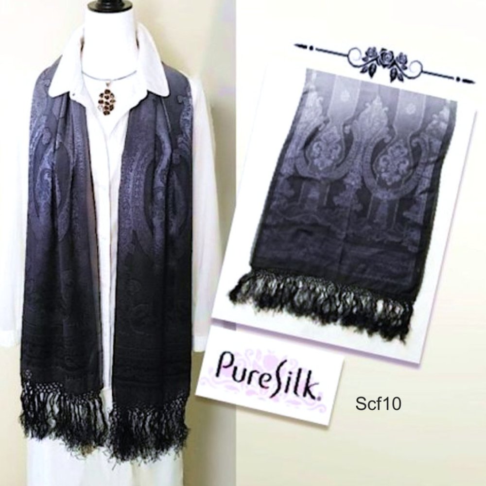 100% Silk Rectangle Scarf Grey Black Woven Paisley Pattern Tassels